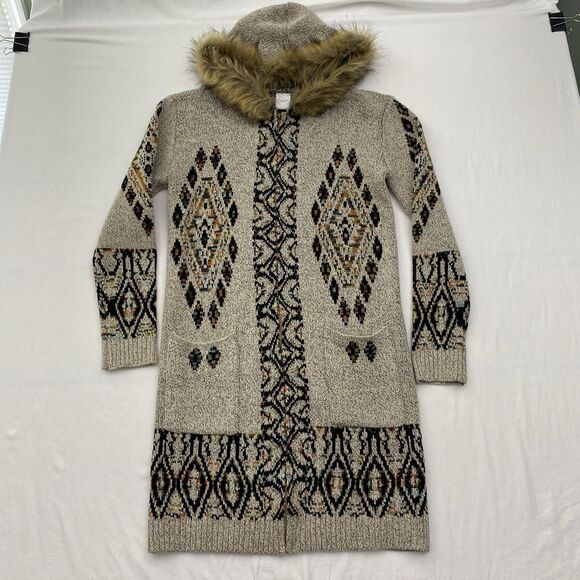 Northern Angel Cardigan Sweater Duster Womens Small Tan Aztec Hooded Fur Trim - Picture 1 of 11